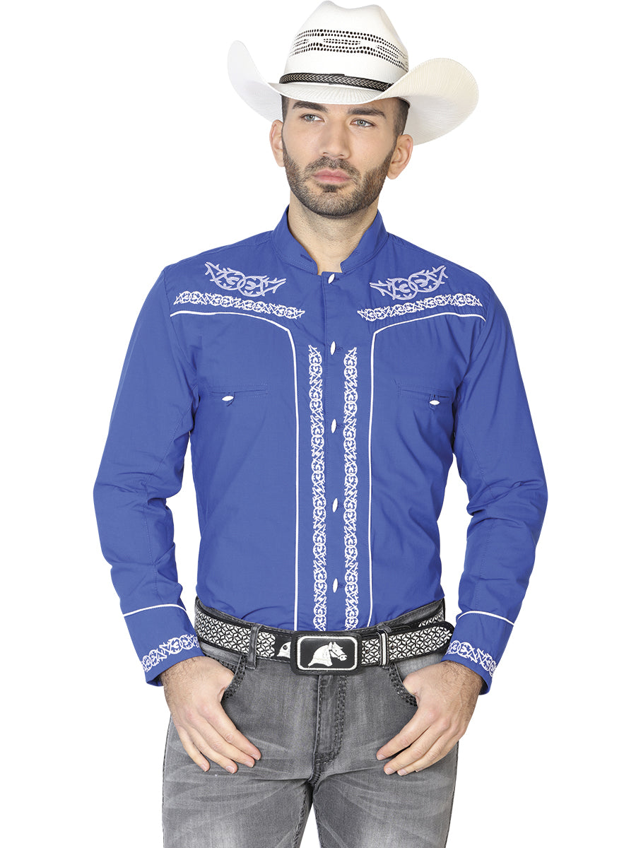 Mens El Señor de los Cielos Charro Embroidery Shirt Royal Blue/White 42878