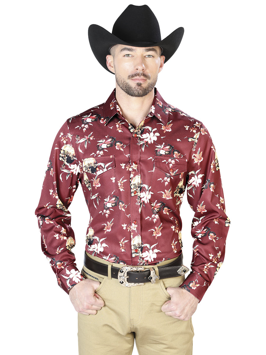 Burgandy Flowers Casual Long Sleeve Shirts 43951
