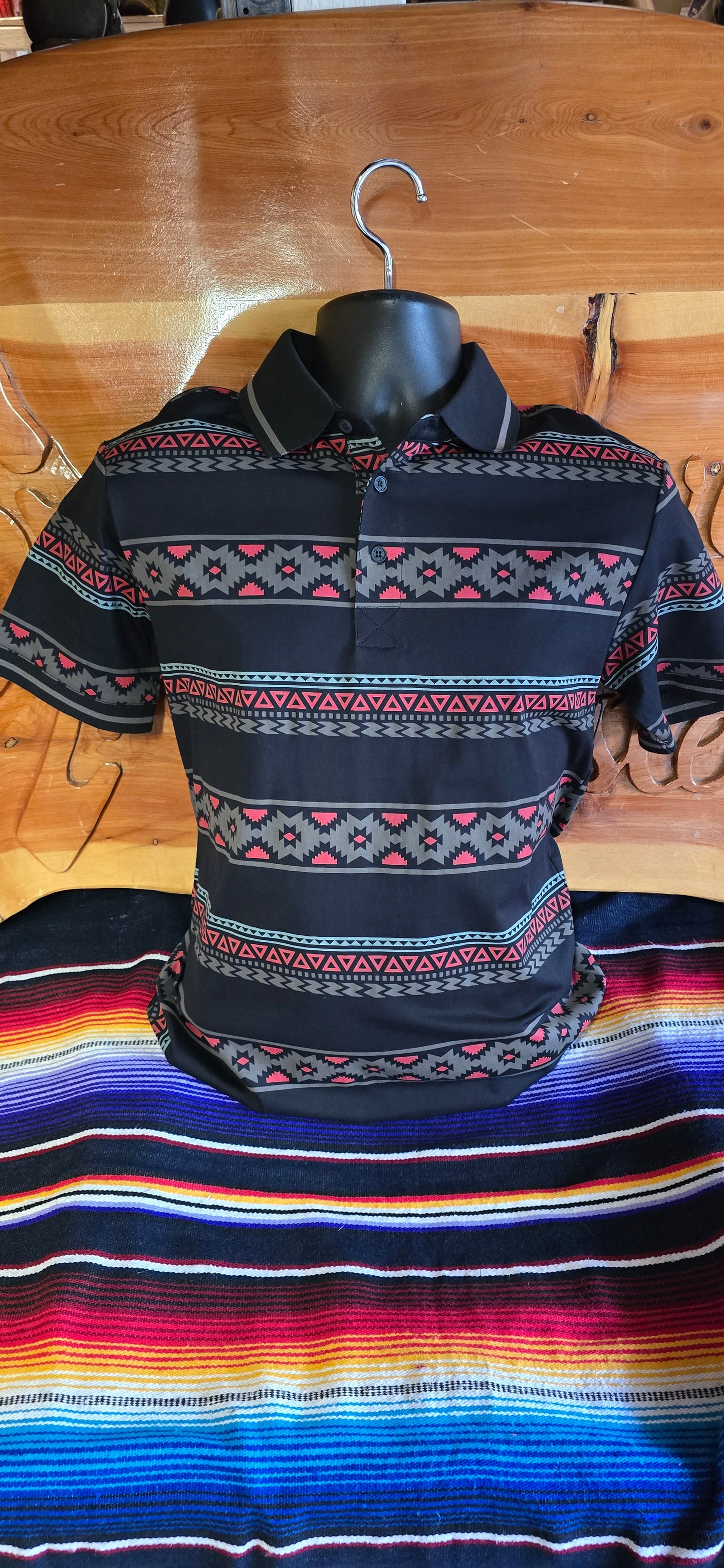 Aztec Print Polo - Black
