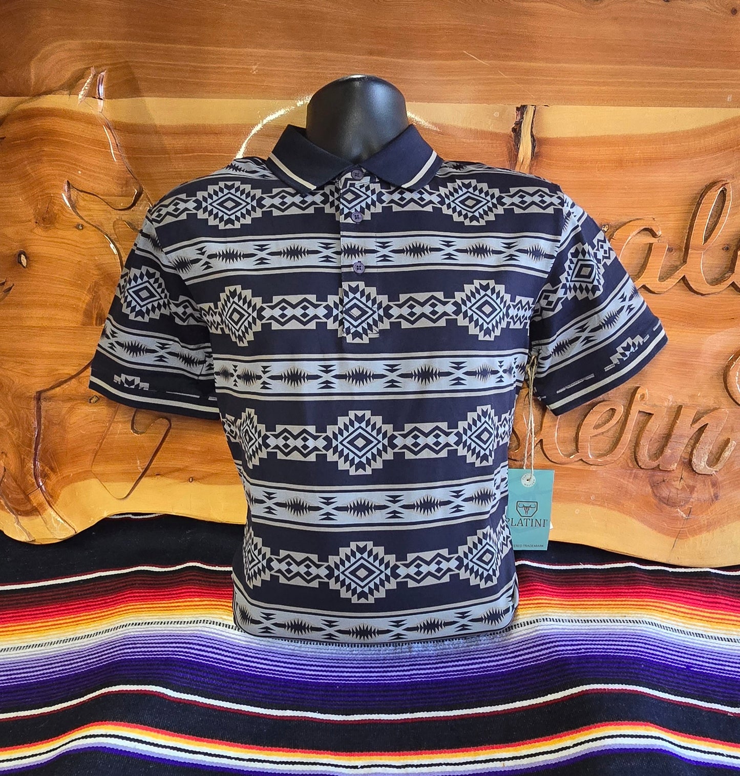 Aztec Print Polo - Navy