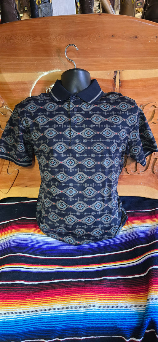Aztec Print Polo - Navy