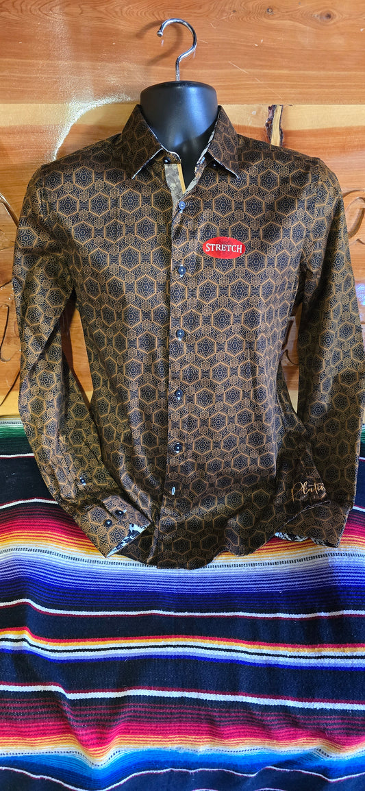 Small Print Satin Cotton/Spandex Long Sleeve Shirt