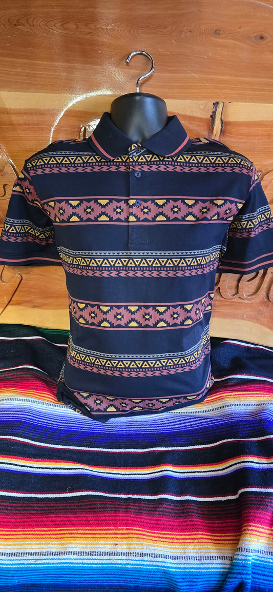 Aztec Print Polo - Navy