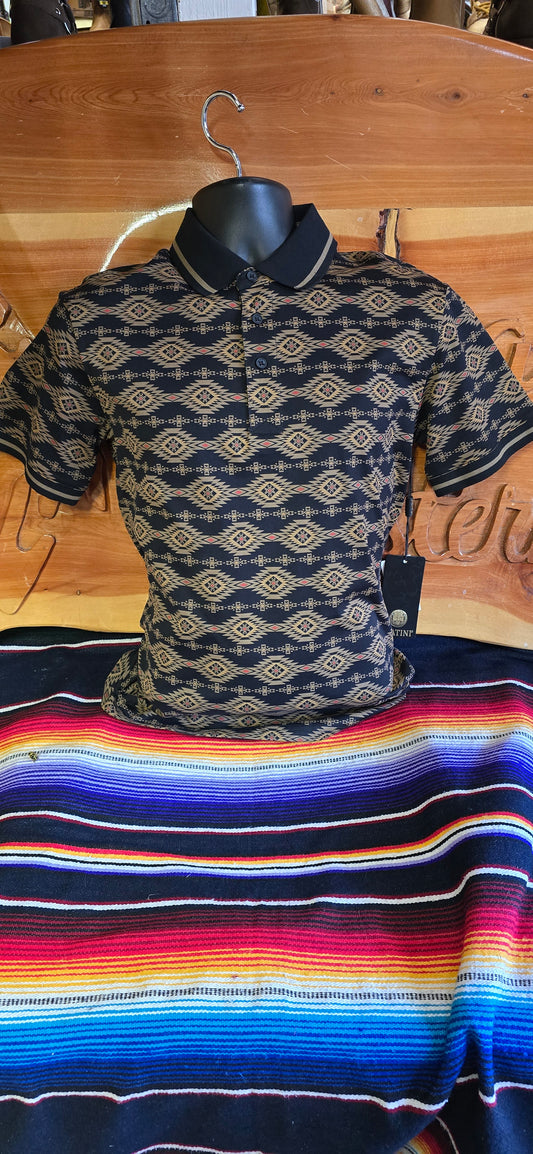 Aztec Print Polo - Black