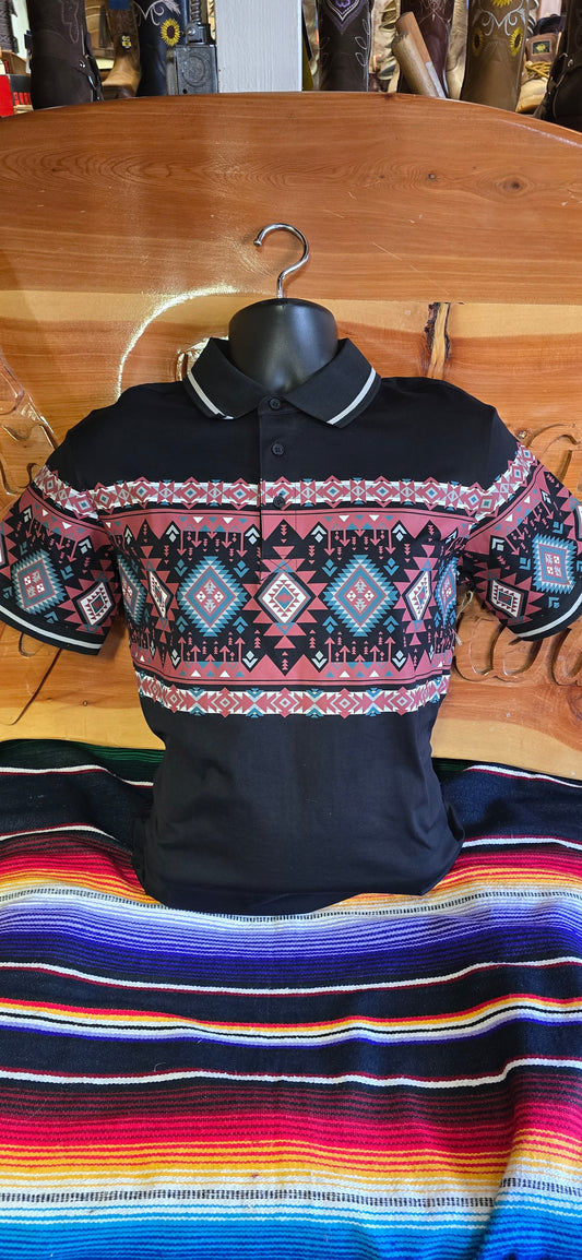 Aztec Print Polo - Black